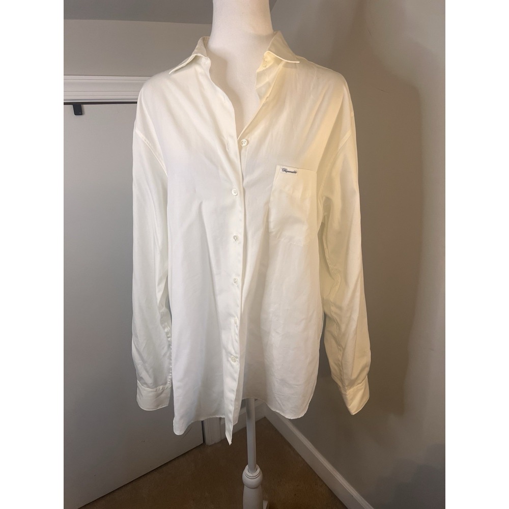 Faconnable Shirt Womens Large 12 14 Cream Off White Long Sleeve Button Up